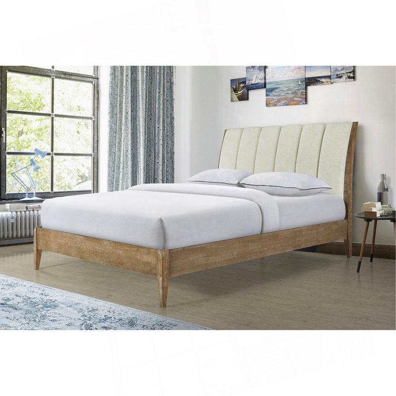 Grand lit plateforme tapissier de conception moderne 1pc, tête de lit beige 1pc