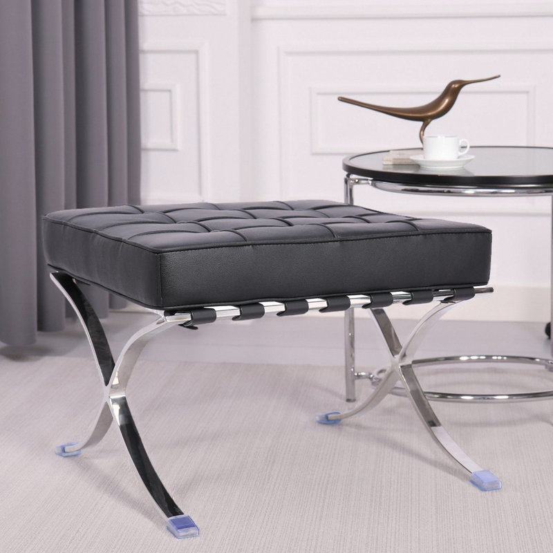 Classic Tufted Leather Ottoman with Stainless Steel  Frame, Black Leather Match