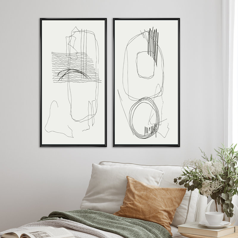 «Minimalistic Foliage with Organic Shapes IV», ensemble de 2 peintures, H 40 po x l 40 po x P 1,5 po, Cadre noir