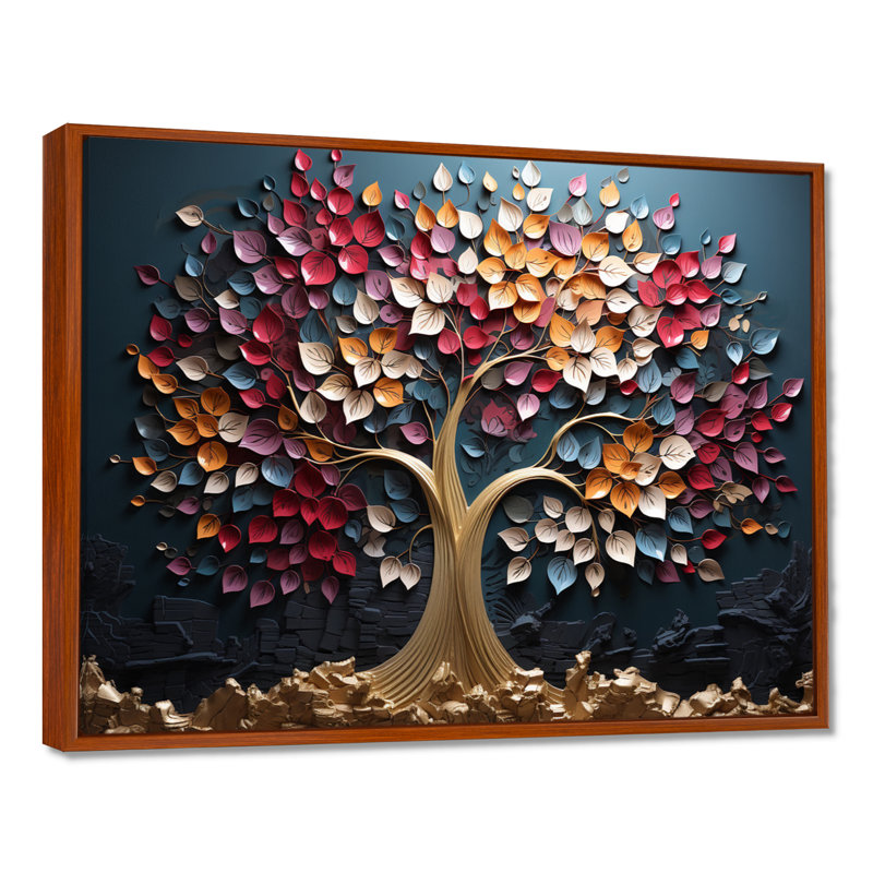 Arbre doré rose et bleu sur fond bleu - Art mural arbre, H 12 po x l 20 po x P 1 po, Brown Floater Frame