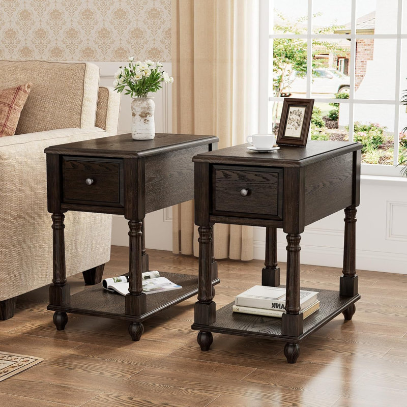 Set Of 2 Narrow End Tables With Drawer And Shelf, Solid Wood Sofa Side Tables, 2-Tier Skinny Table With Storage For Small Space Living Room And Bedroom