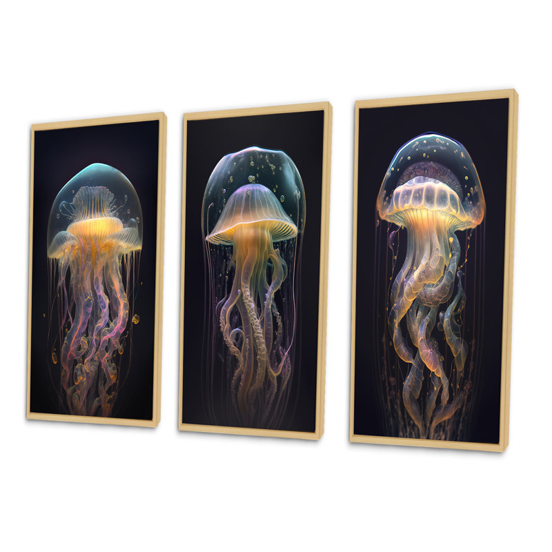 «Jellyfish», 3 pièces sur toile, Cadre naturel flottant, H 20 po x l 36 po