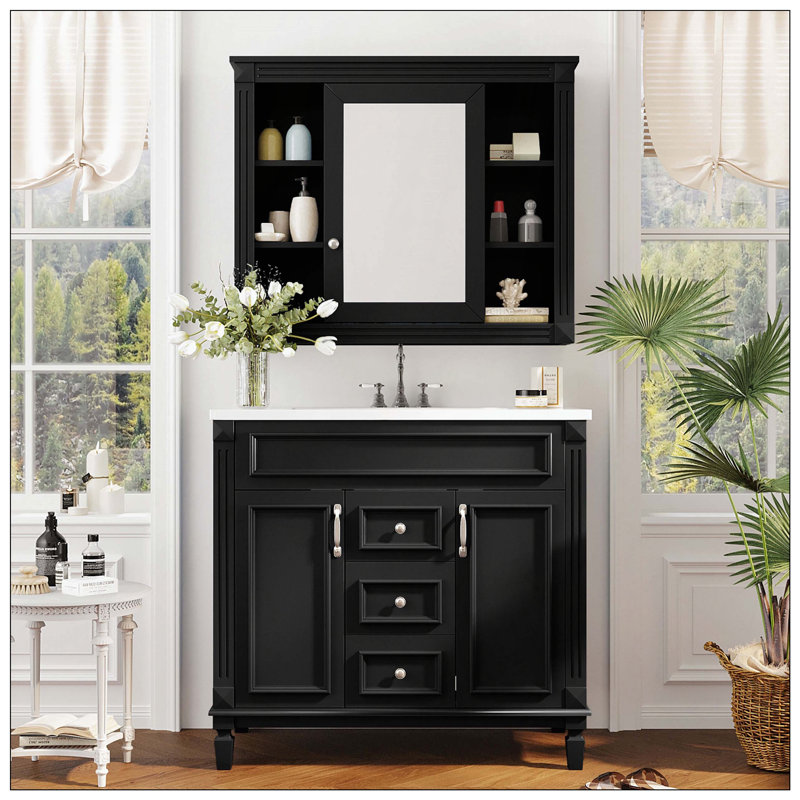 Miroir 2 tiroirs pour salle de bain Modern, Noir
