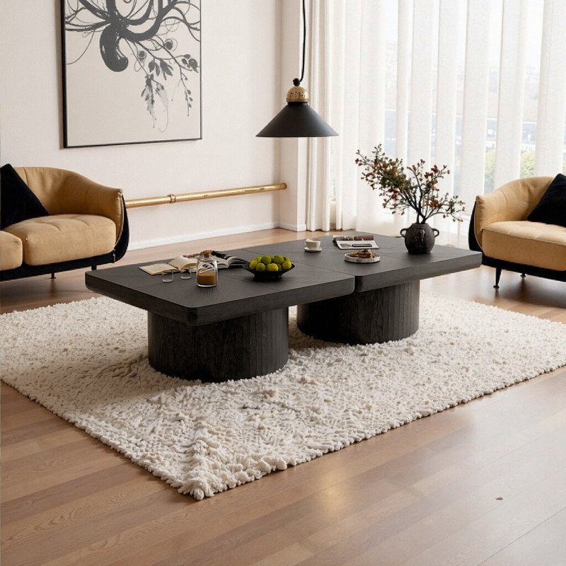 Table basse carrée avec plateau en parquet et base cylindrique Rosala, Noir