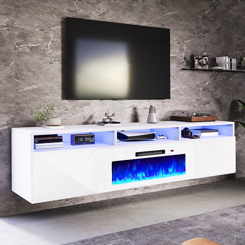 Bhhatu Modern Floating 80" Fireplace TV Stand with Storage & High Gloss Geometric Doors, White, White, 80"