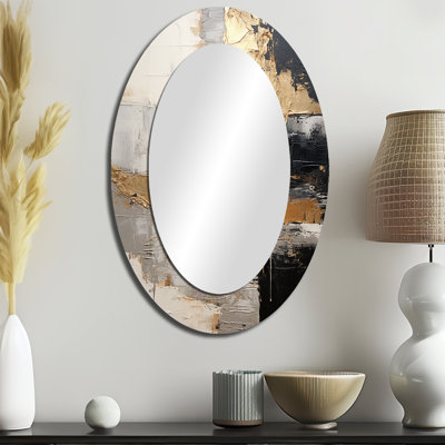 Grey Gold Minimalism Poteries I - Abstract Oval Decorative Mirror On Metal