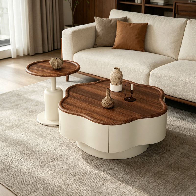 Ensemble de tables basses personnalisées Petal, H 12,99 po x L 31,49 po x l 31,49 po, Brun noyer, Blanc