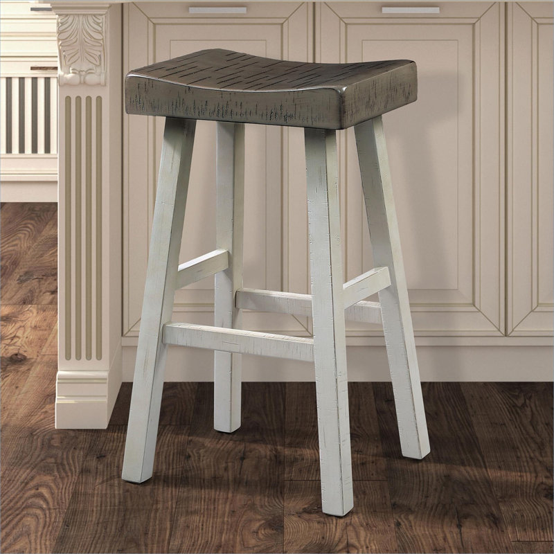 Ensemble de tabourets de comptoir en bois massif transitionnel 2 pièces gris et blanc, Siège gris / cadre blanc