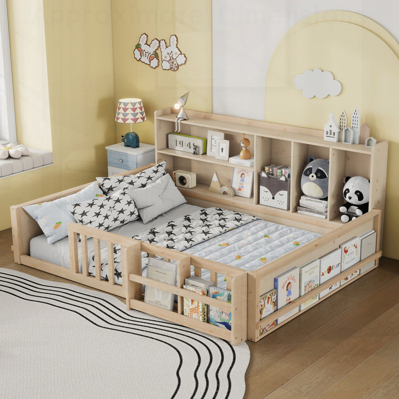 Base de lit plateforme en bois pour enfants avec garde-corps, rangement latéral et bibliothèque pour économiser de l'espace et de la sécurité
