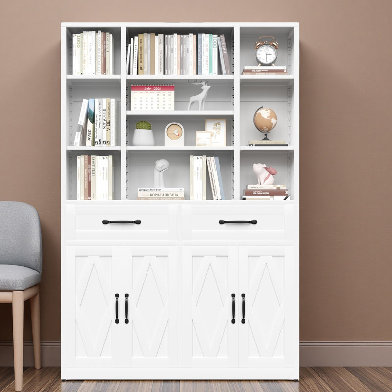 Bibliothèque de 71 po de hauteur avec portes, tiroirs et tablettes ouvertes réglables, armoire de rangement en métal pour bureau à domicile, salon, bibliothèque industrielle
