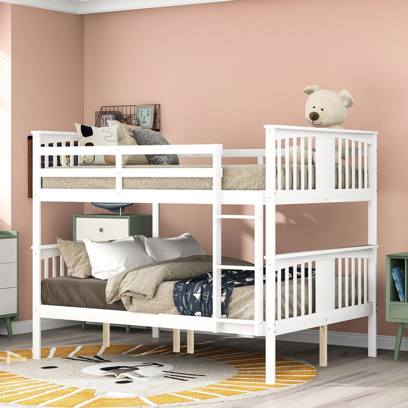 Lit double superposé blanc avec pieds en pin, garde-corps de longueur pour, peut être converti en deux lits, support de matelas à lattes en blanc, structure en bois, escalade, garde-corps supérieur, bas, convient à tous