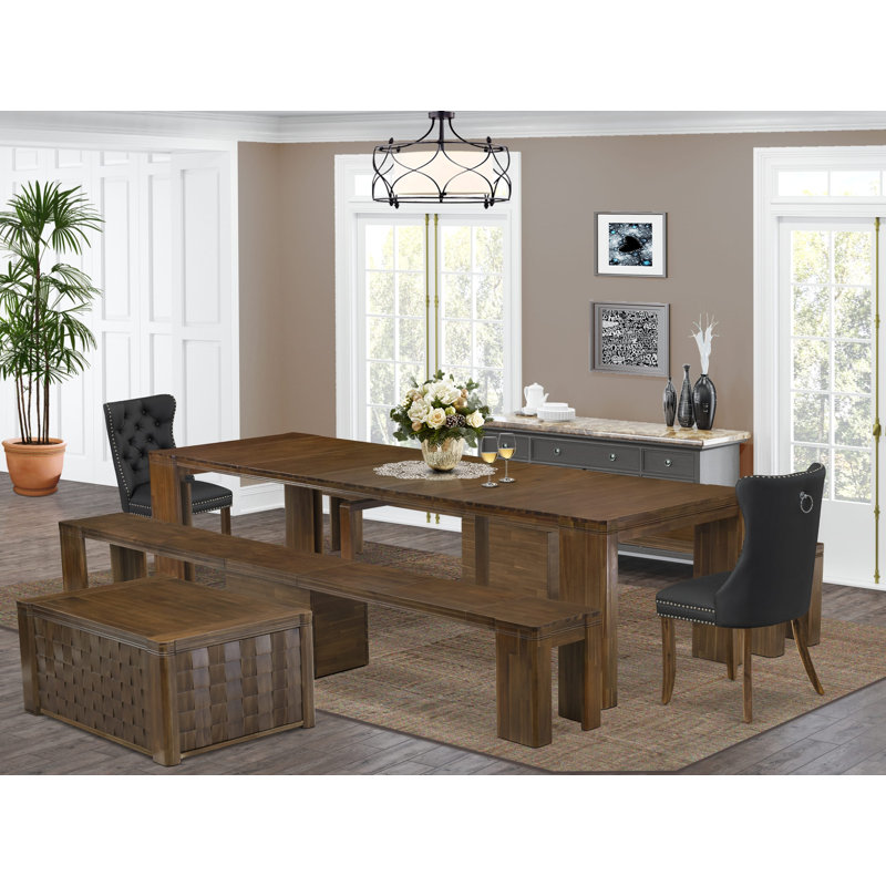 6 Pc Extendable Dining Set Includes a Rectangle Kitchen Table, 1 Coffee Table, 2 Dark Gray Chairs, and 2 Modern Benches, Antique Walnut