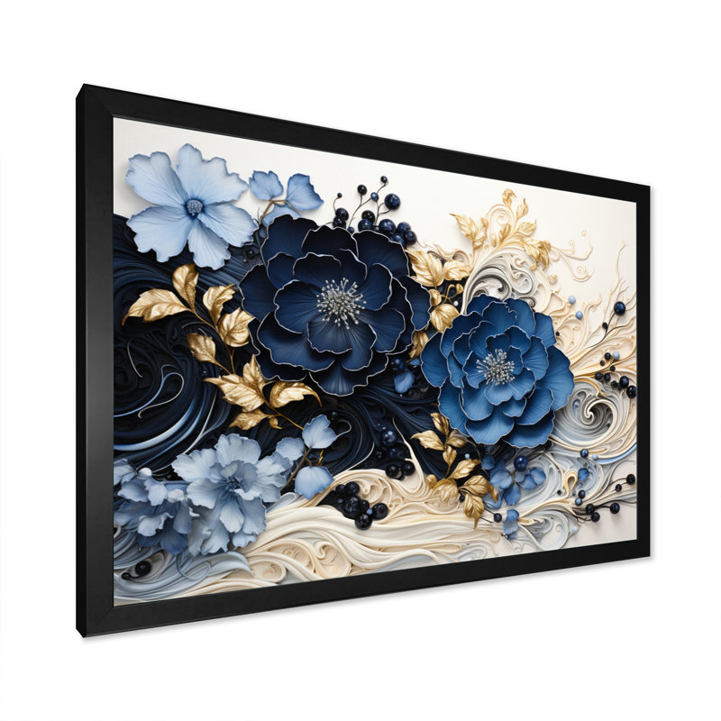 Encre bleue bleue WildFloers, encre liquide I - fleurs modernes, H 24 po x l 32 po, Cadre photo unique, Noir