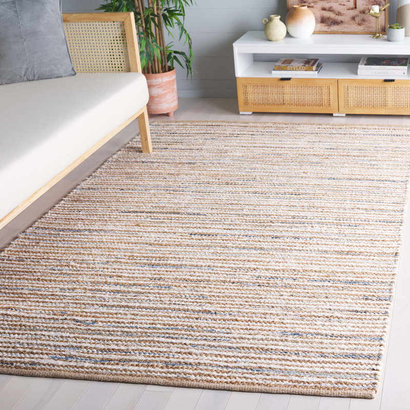 Abott Woven Jute/Canvas/Cotton Rug in Beige/Natural/Light Blue, Rectangle 5' x 8'