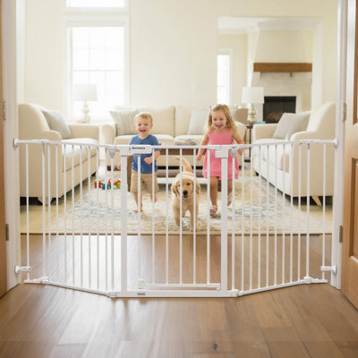 Barrière de sécurité extra large Mumeasy 80 po pour portes et escaliers, barrière pour chien d'intérieur, fixation murale, porte à fermeture automatique, grande barrière de sécurité pour enfants pour l'extérieur, terrasse, jardin, 3 panneaux métalliques, blanche
