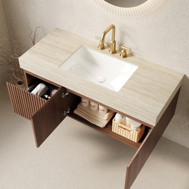 Meuble-lavabo flottant 48 po avec comptoir en pierre frittée Roma, lavabo en céramique, armoire en contreplaqué, tiroir et portes pré-assemblé - chêne brun