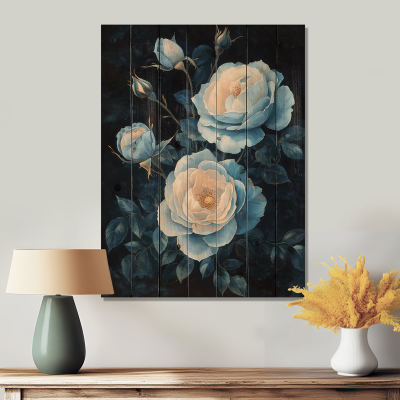 «Dark Aqua Roses Elegance At Night II», art mural en bois Roses, sur bois de pin naturel, H 20 po x l 10 po x P 0,78 po