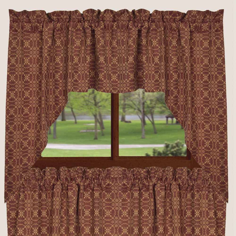 Barn Red and Tan Cotton Jacquard Rod Pocket Swag Valance Set