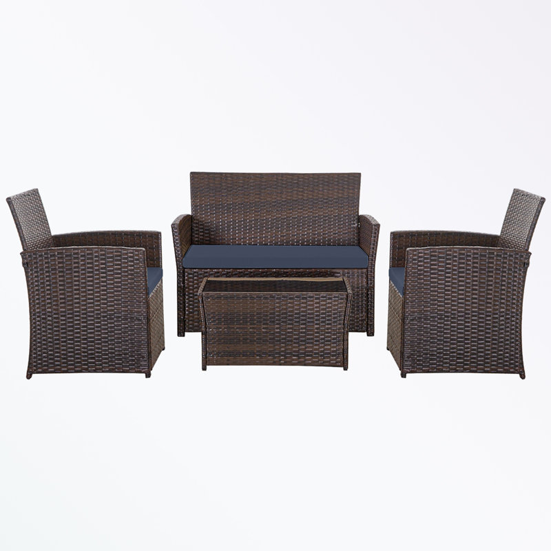 Ensemble de patio 4 pièces en osier avec coussins moelleux et table basse, Bleu, Brun