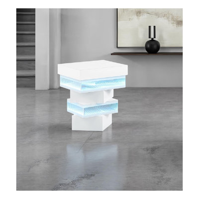 White Engineered Wood End Table with Wireless Charging, Built-in Bluetooth Speaker, and LED Lighting