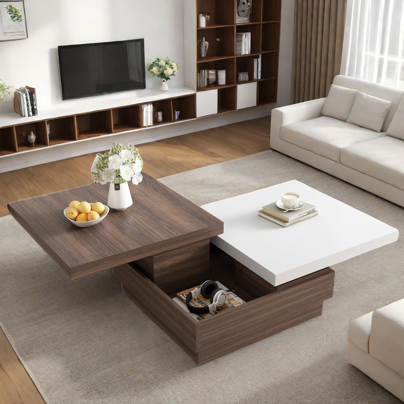 Mohite Modern Square Coffee Table with Rotatable Top, Two Colors Matching and 1 Hidden Storage Space, White/Brown