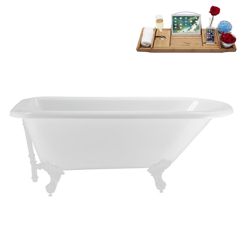 62" Streamline Clawfoot Tub,Tray,Drain, Clawfeet, Glossy White, Glossy White
