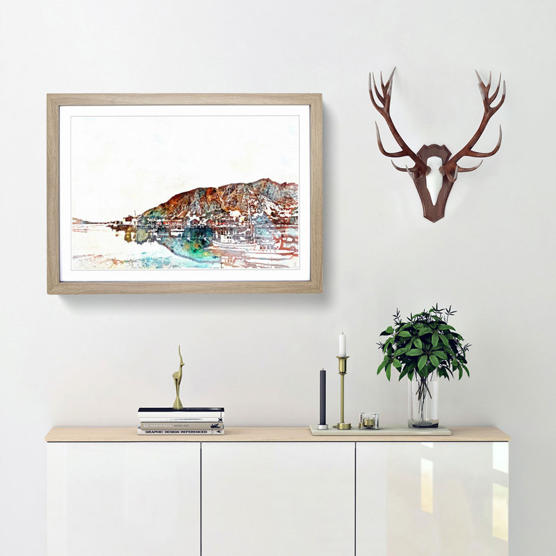 Docked Boats in Ballstad Norway in Abstract - Picture Frame Painting Print, 62cm H x 87cm W x 2cm D, Oak Framed