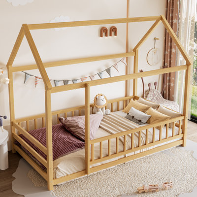 Twin Size Floor Wooden Bed With House Roof Frame, Fence Guardrails,Natural