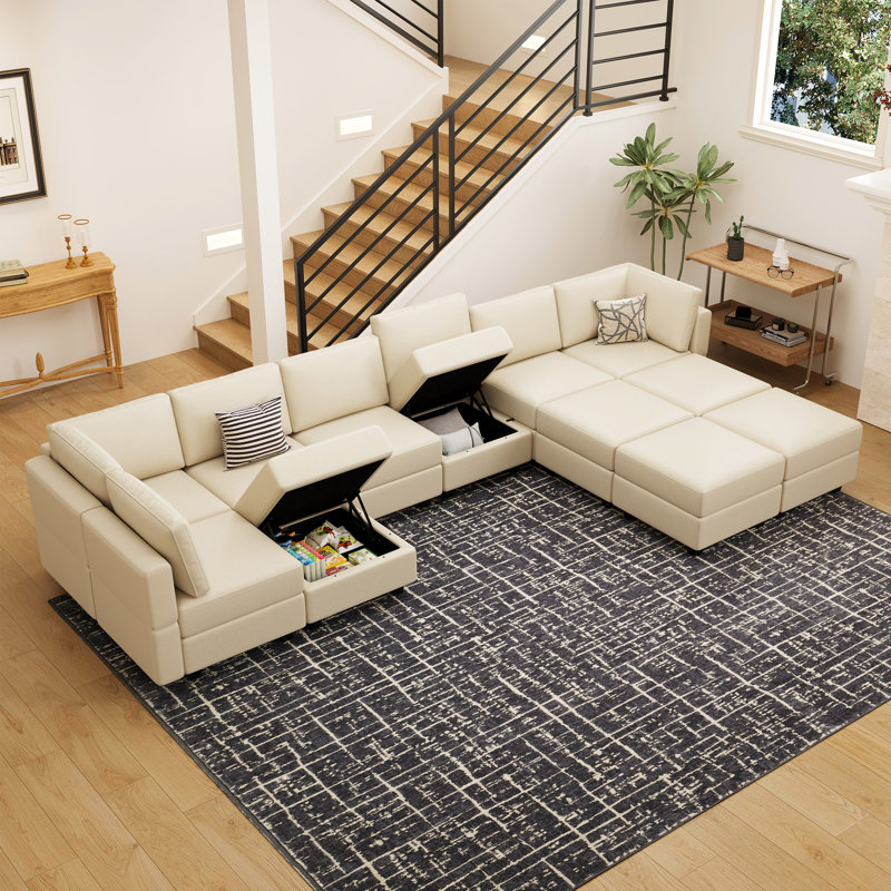 Ancram Oversized 12-Saets U Shaped Sofa Faux Leather Memory Foam Couch Storage Modular Sofa for Livingroom, Beige