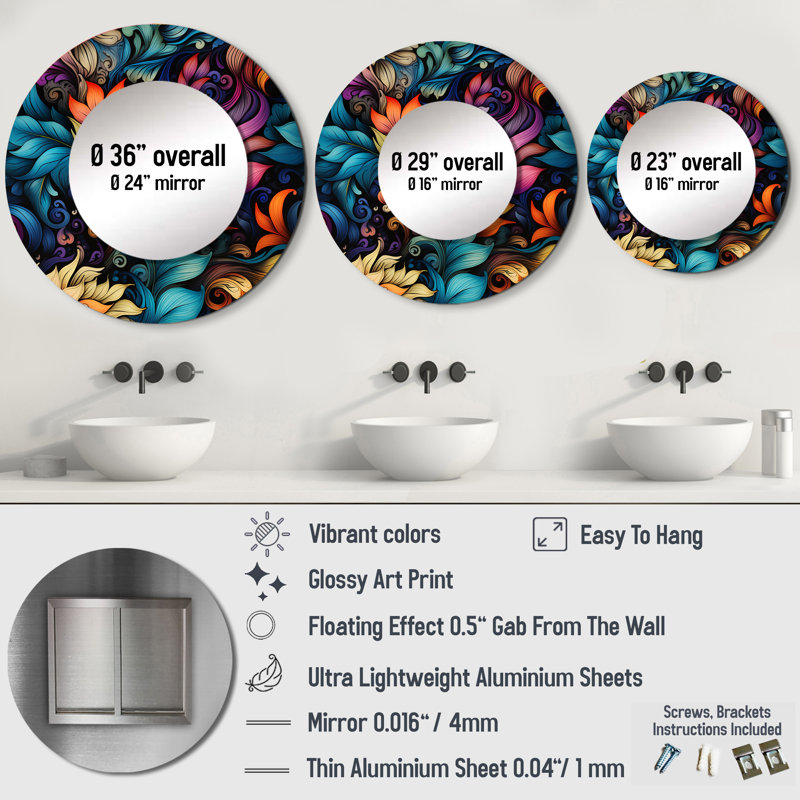 Rukhsaar Exotic Tapestries Boho Pattern - Paisley Large Wall Mirror, Glam Unique, 36 po x 36 po, Rond