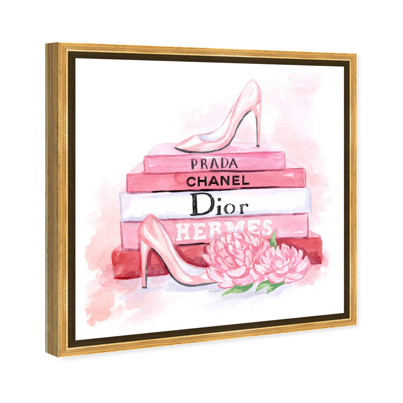 Livres de mode rose - peinture sur toile, Cadre doré, H 16 po x l 16 po