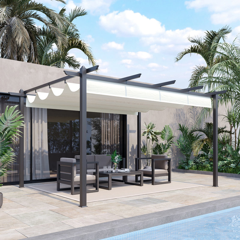 Kishmore 4 x 3(m) Aluminium Outdoor Pergola, Retractable Roof, Cream White