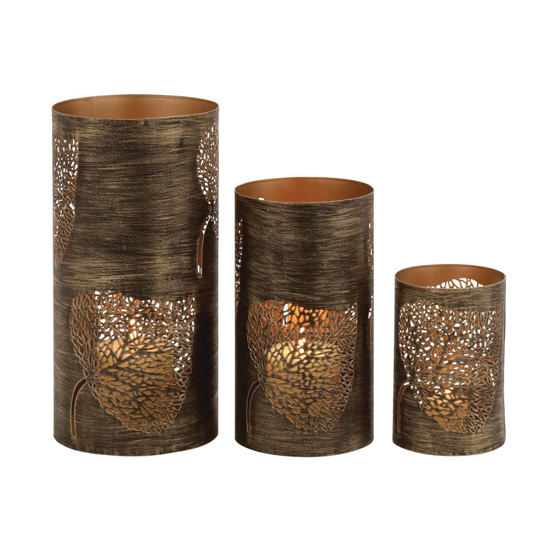 Metal Leaf Decorative Indoor Outdoor Copper Candle Lantern Set