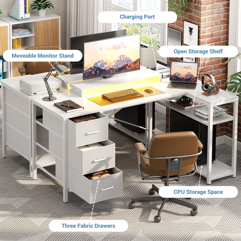 Reversible L-Shaped Computer Desk with Lavell Outlets, Blanc