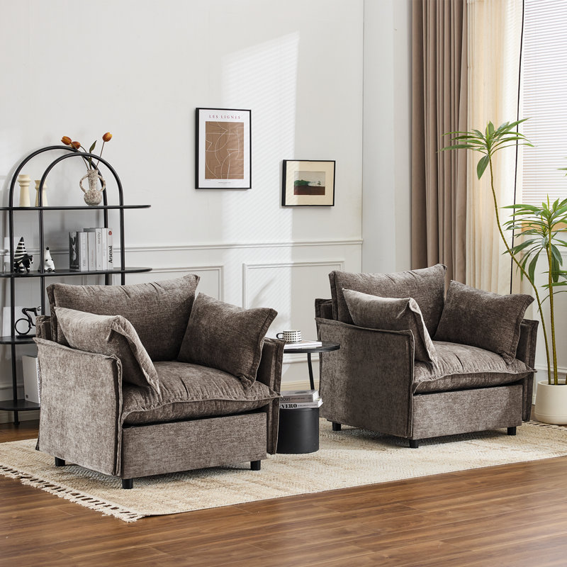 2pcs Chenille Upholstered Skirted Arm Chair Accent Chair With Thin Arms For Living Room, Dark Brown