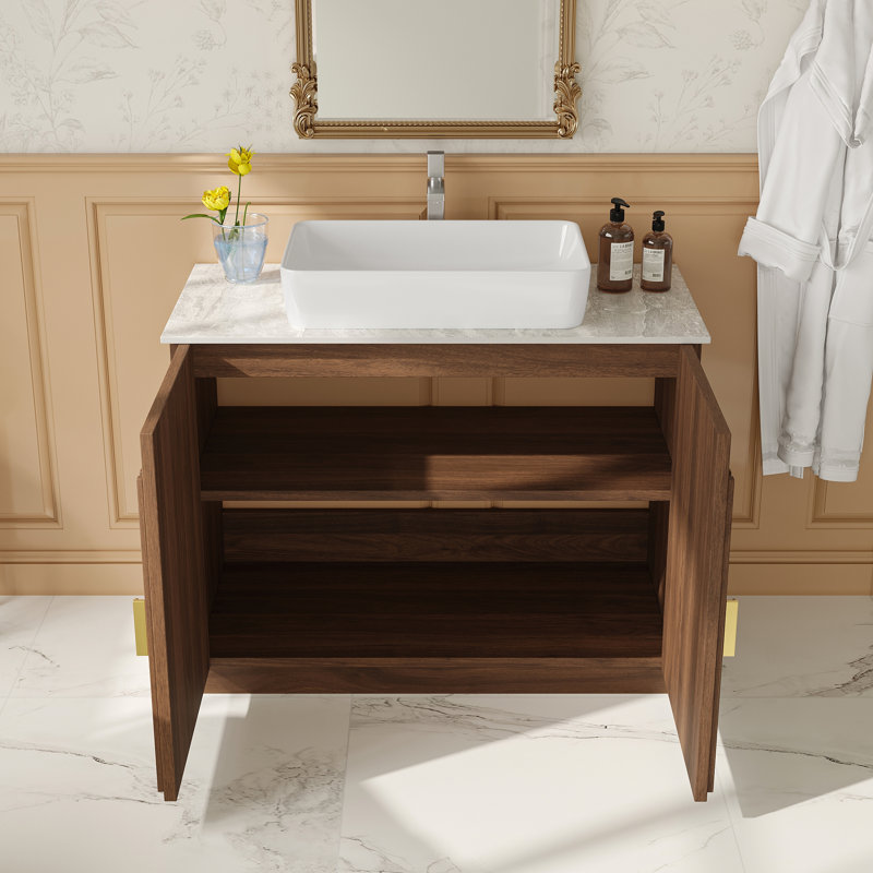 Meuble-lavabo sur pied moderne de 36 po, meuble-lavabo autoportant à hauteur de tablette réglable avec lavabo vasque en céramique