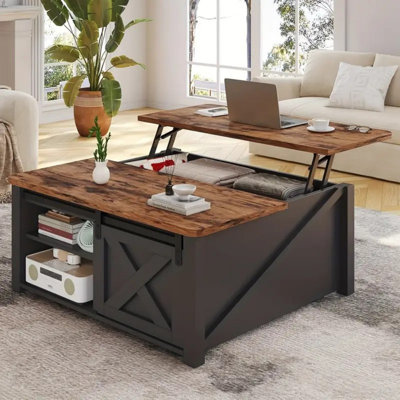 Adjustable Lift Top Coffee Table With Storage, Black Farmhouse Style, Large Hidden Compartment & Adjustable Shelves, Metal Frame, Ideal For Living Roo -  Gracie Oaks, 242550E90A3D4FD1BC893FB4D03AF08C