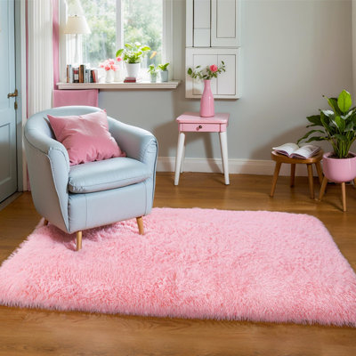 Thick Area Rug Pink Fluffy Shag 3x5 for Girls Bedroom, Soft Cozy Fuzzy Plush Rug for Living Room, Machine Washable Shaggy Furry Pastel Carpet for Kids Toddler Boys Nursery Dorm Room