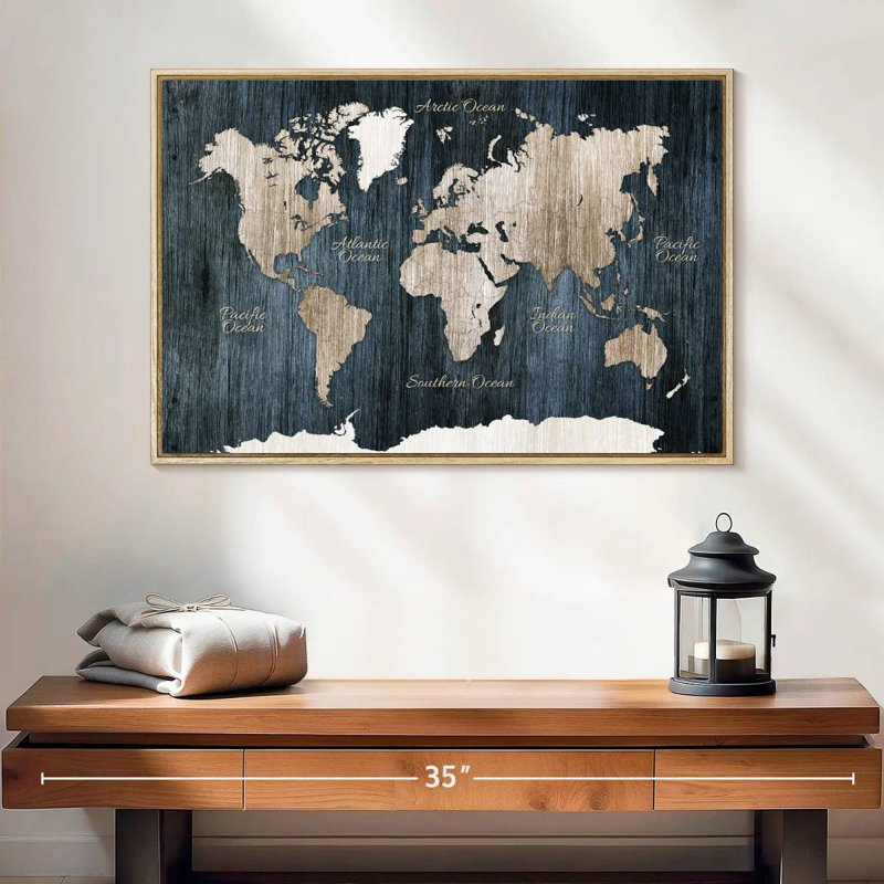 Carte du monde en bois vieilli, 25 po x 17 po, Cadre flottant en bois naturel