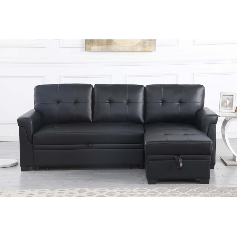 Canapé-lit modulaire réversible en cuir Vegan, Similicuir noir