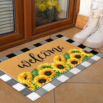 Ensemble de paillasson en fibre de coco 2 pièces avec tapis d'entrée de tournesol et tapis d'entrée noir et blanc Buffalo