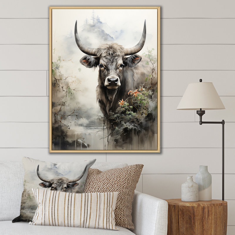 Bedriye, art asiatique, vache Sumi - impression, H 44 po x l 34 po x P 1,5 po, Cadre naturel flottant