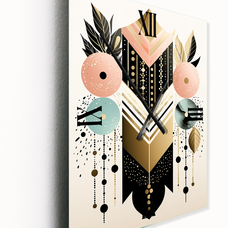 Boho Chic Floral géométrique Illustration rétro I - Horloge murale moderne géométrique, H 40 po x l 30 po x P 1 po