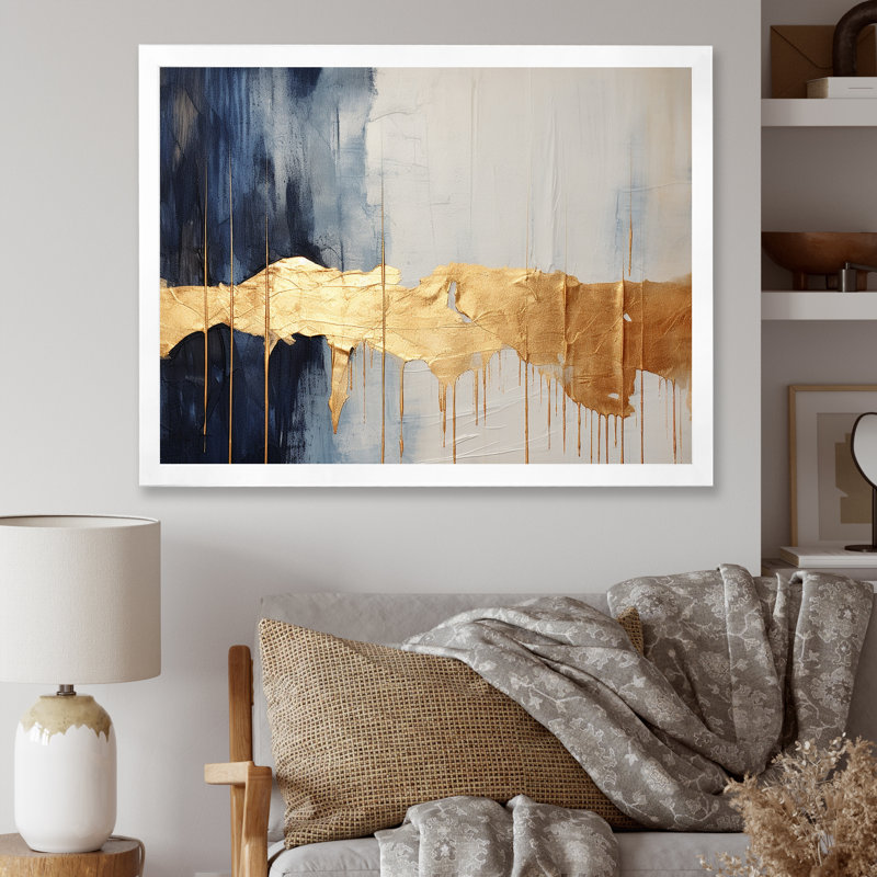 Waves Of Joy Minimal Nova - bleu et or I - peinture abstraite, art mural, H 24 po x l 32 po x P 1 po, Cadre photo blanc