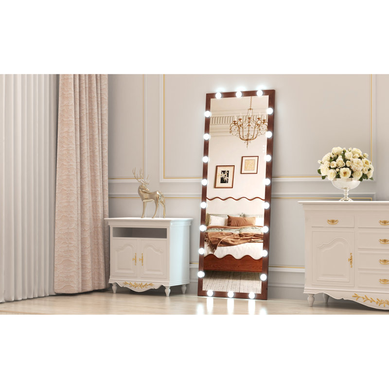 Hollywood Full Length Mirror With Lights Full Body Vanity Mirror With 3 Color Modes Wall Lighted  Standing Floor Mirror For Dressing Room Bedroom Hotel Touch Control Walnut 62.6"X23.3"