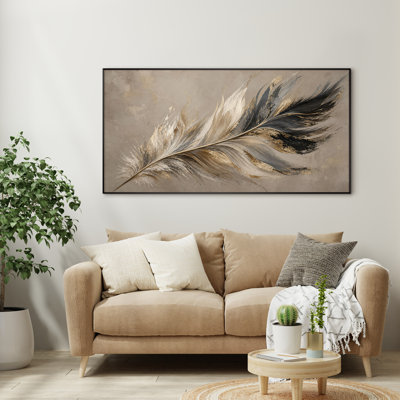 Extra Large Wall Art Fabric Print - Tan Feather Botanical Minimalist Bedroom Decor - "Frame Assembly Required (Unfinished Frame)"
