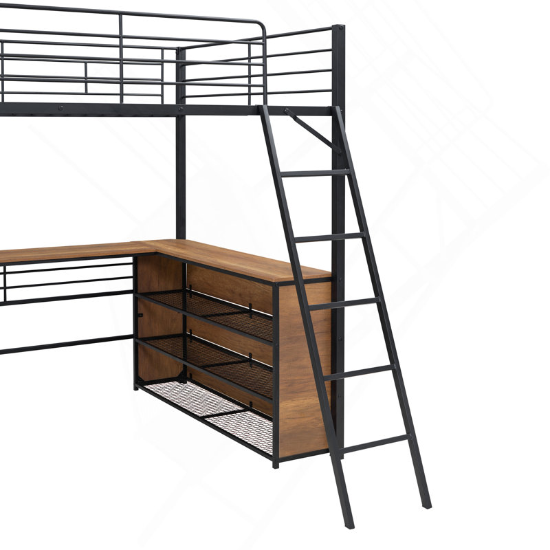 Lit mezzanine double en métal avec 3 couches de tablettes et bureau en L