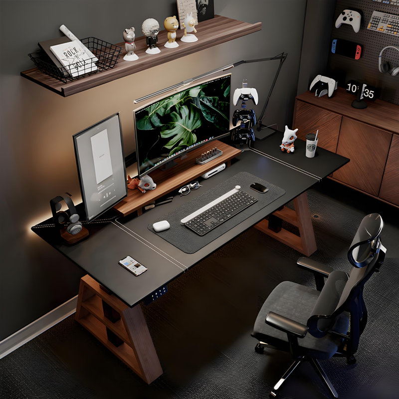 Bureau électrique à hauteur réglable en cuir noir italien de luxe avec pieds en bois massif et tiroirs doubles sous le bureau