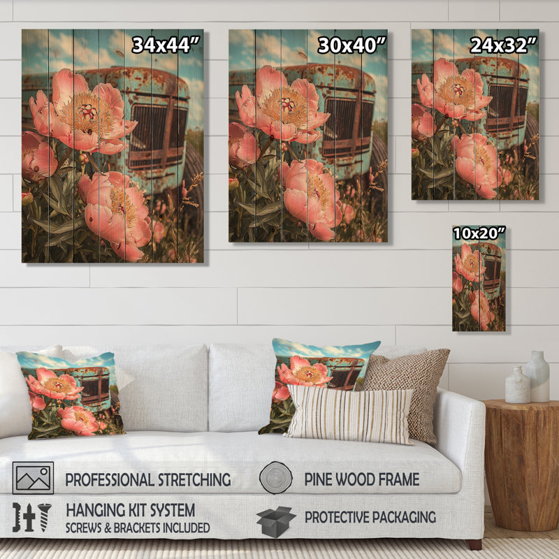 Pivoines par le vieux tracteur VII - Décoration murale en bois de pivoines - sur bois de pin naturel