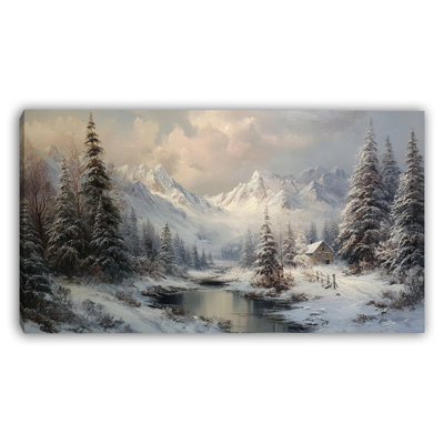 Alpine River Cabin Winter Panorama Wrapped Canvas Wall Art